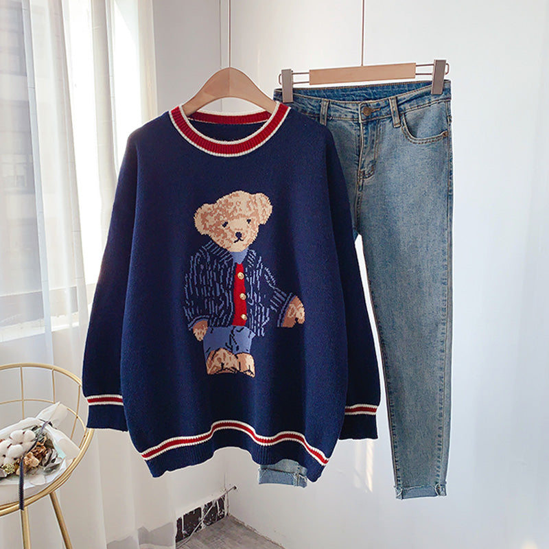 Pullover im College-Stil mit niedlichem Cartoon-Bär und Rundhalsausschnitt 4935