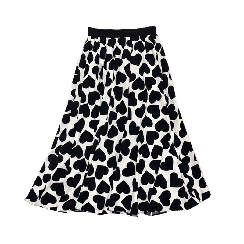 Summer skirt, heart print A-line skirt, cotton drape midi umbrella skirt  3676