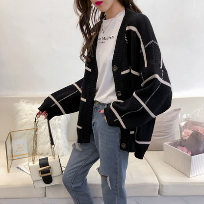 Harajuku sweater cardigan Plaid knitted jacket  5268