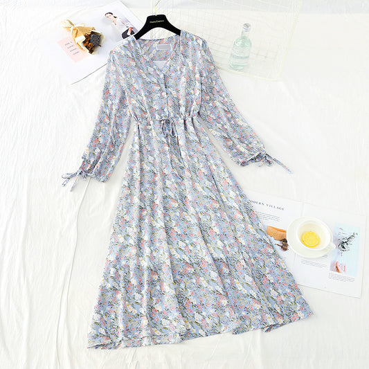 Taillenschnürung aus dünnem Chiffon mit sanftem Wind Blumenkleid 3885