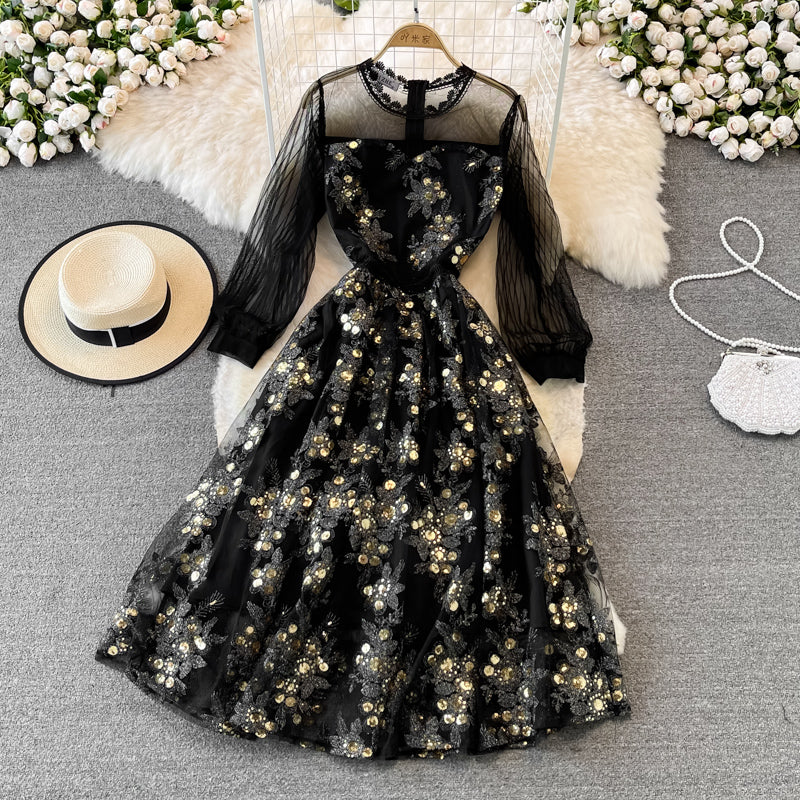 Heavy industry embroidery round neck mesh A-line dress  3747