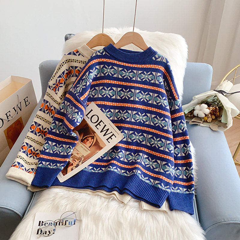 Rundhals-Weinlese-Jacquard-Pullover aus weichem, wachsartigem Material für Damen 5166