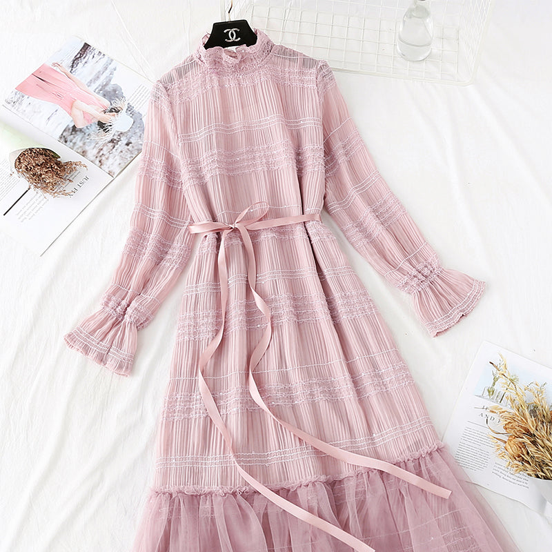 Gentle wind wood ear Chiffon bottomed long skirt temperament  3792
