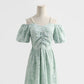 Französisches schulterfreies Kleid aus Baumwollleinen mit Hosenträgern 4293