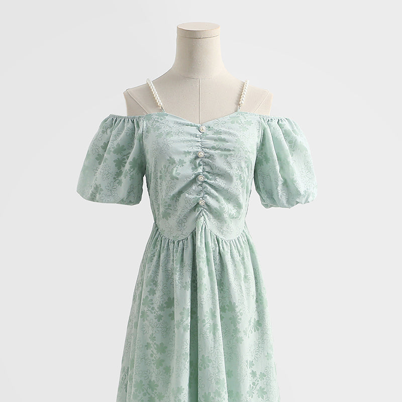 Französisches schulterfreies Kleid aus Baumwollleinen mit Hosenträgern 4293