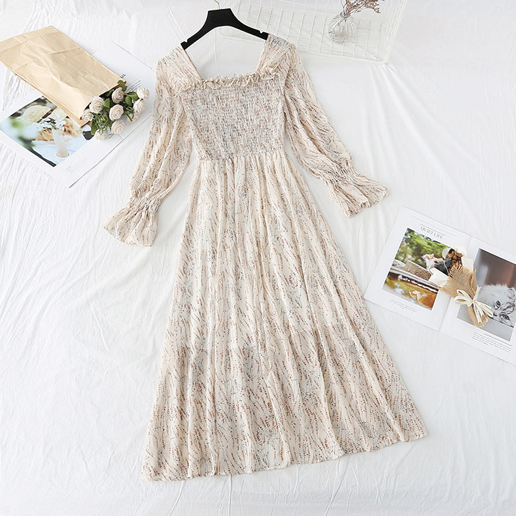 French retro square collar with slim waist and floral long skirt  4022