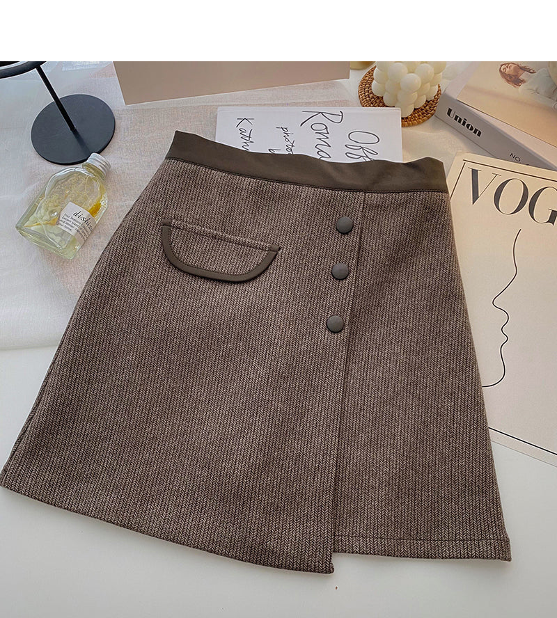 New Korean casual retro design button high waist color blocking a-word skirt  5333