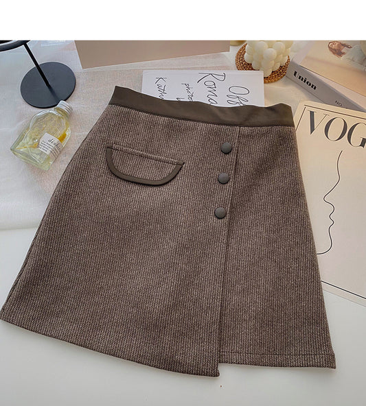 New Korean casual retro design button high waist color blocking a-word skirt  5333