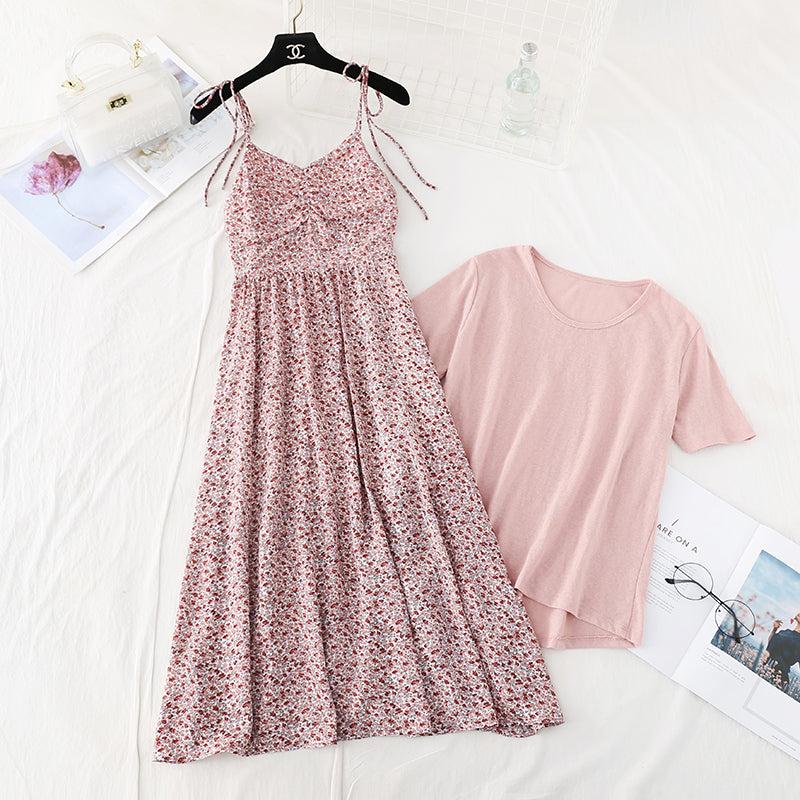 Small fresh sweet broken flower suspender dress  4587