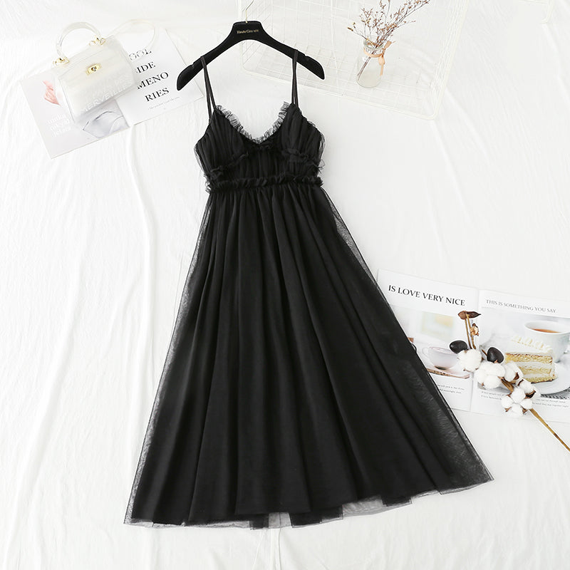 Französisch süßes Mesh-Kleid Temperament kleiner schwarzer Rock mit geschlossener Taille 4423