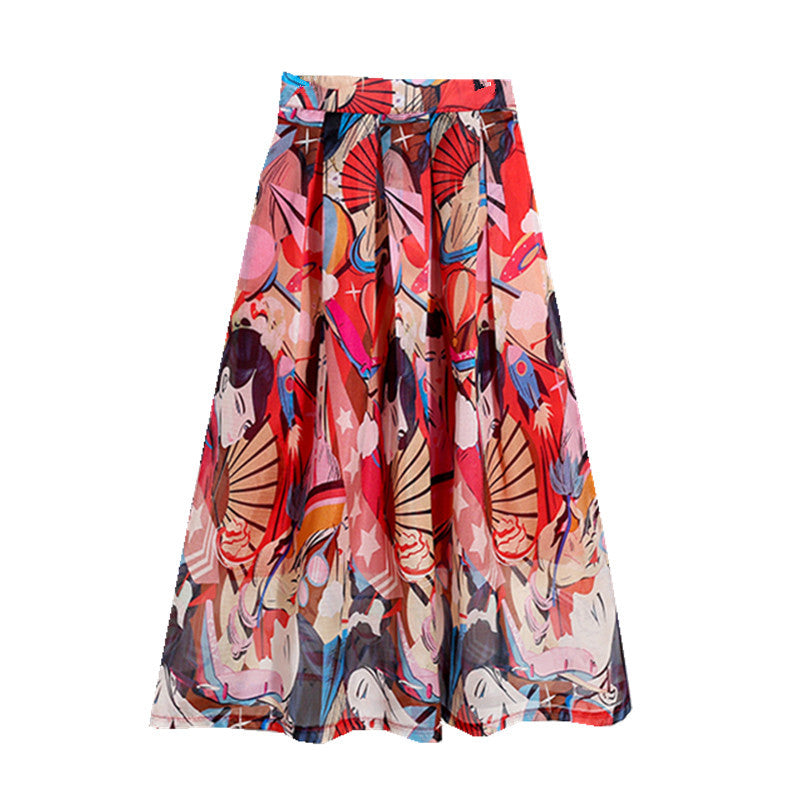 New skirt, silver print beauty, high waist long A-line skirt  3689