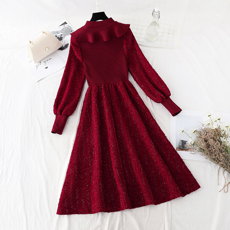 Thin wood ear lace up red dress female  4093