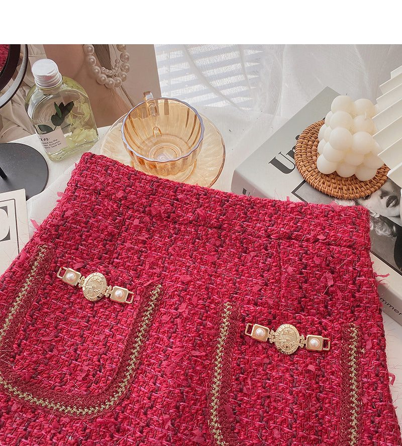 Small fragrant woolen skirt, Hong Kong Style Plaid high waist A-shaped short skirt  5363