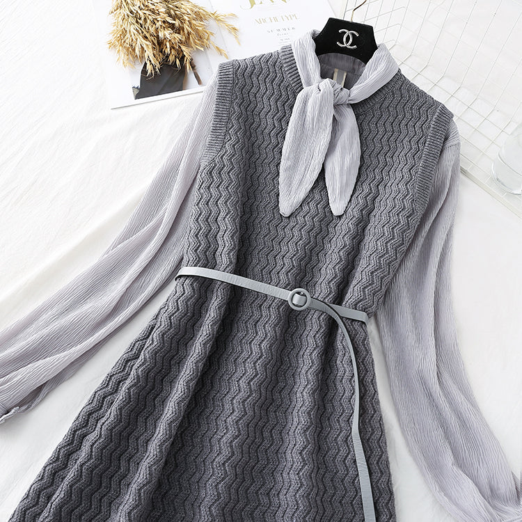 Sweater vest vest skirt with chiffon bottomed shirt set  3804