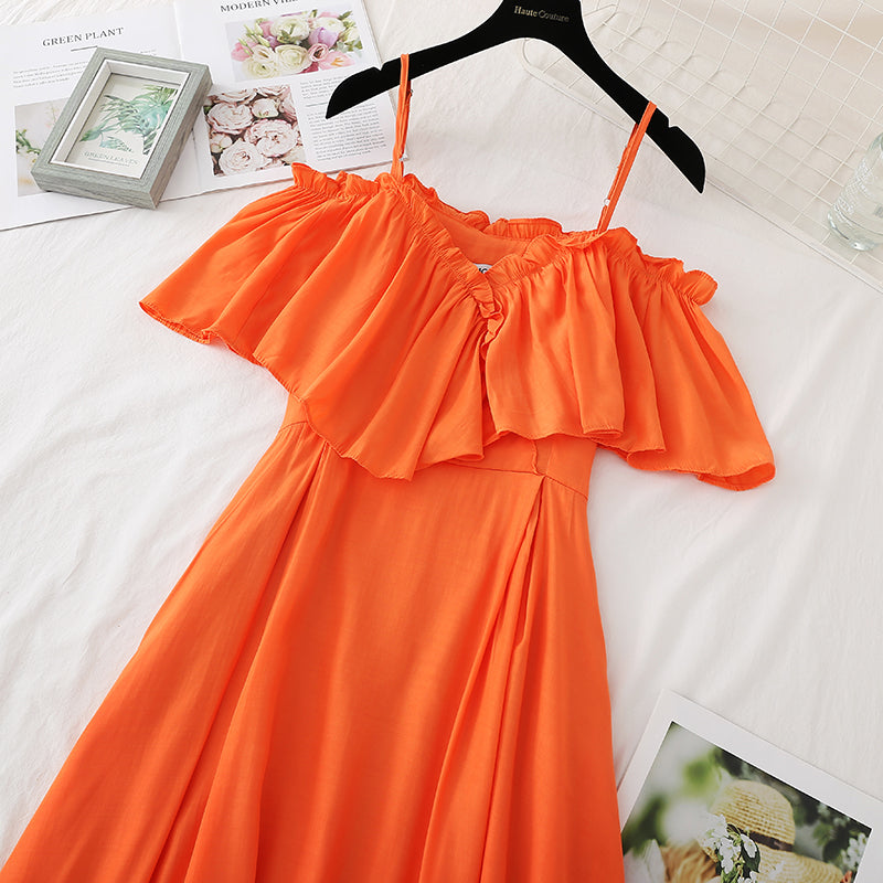 One shoulder sling Ruffle French retro gentle long skirt  4160