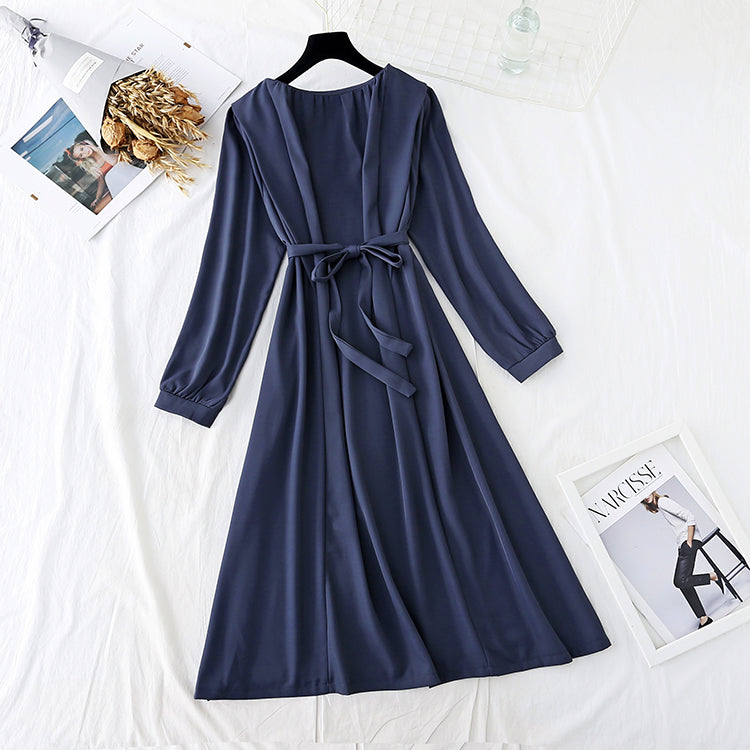 Einfarbiges französisches Retro-Kleid für Damen mit dünnem Temperament 3938
