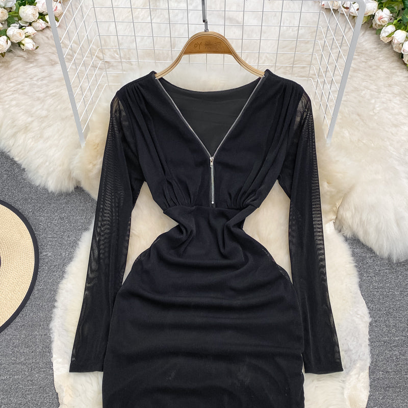 Sexy Kleid 3788 mit Reißverschluss an der Hüfte und langen Ärmeln mit V-Ausschnitt im Hongkong-Stil