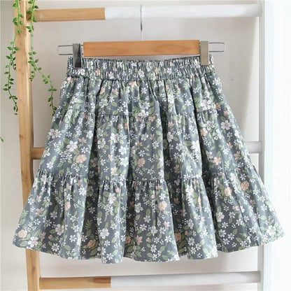 New style, cotton and linen, small fresh, A-line pleated skirt, floral skirt  3584