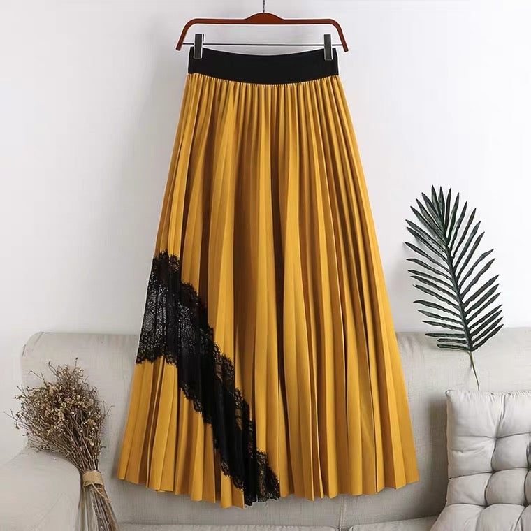 New style, high waist, large swing, elastic waist, pleated spliced lace mid-length skirt  3624
