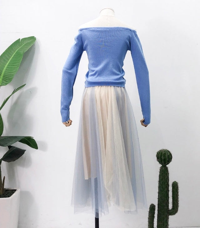 Super fairy, bow tie, high waist slim mesh bouffant skirt, color matching medium length skirt  3601