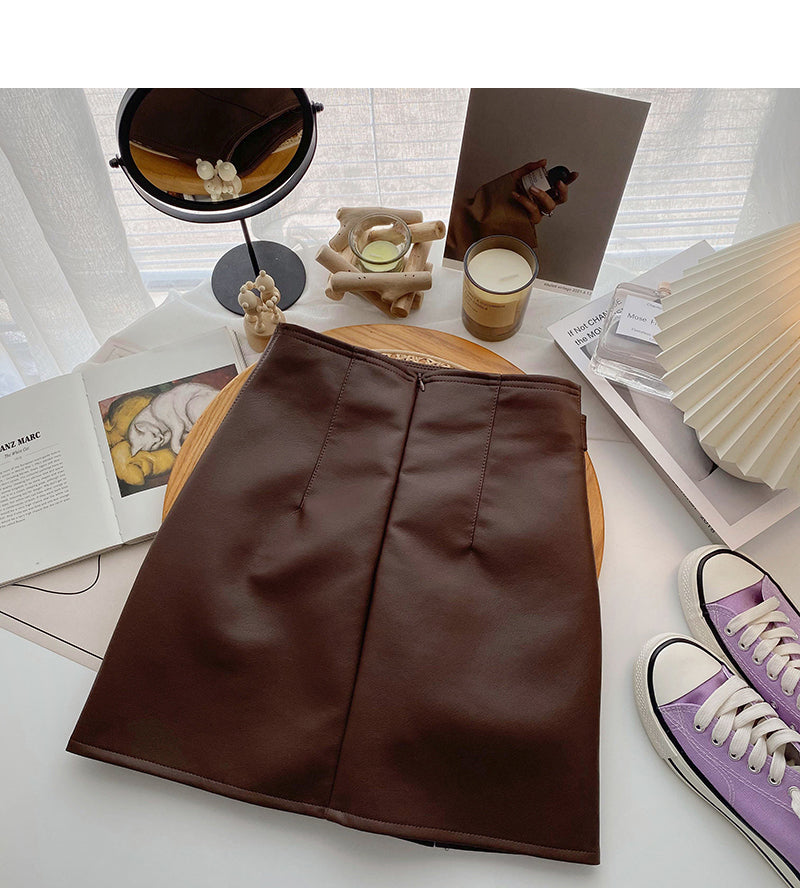 Korean solid color versatile fashion high waist PU leather bag hip skirt  5540