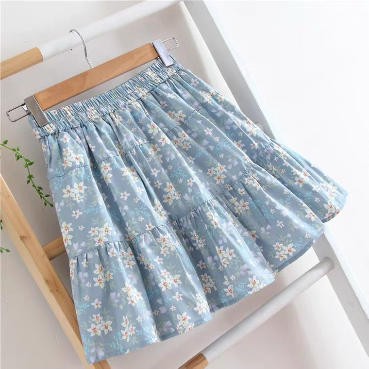 Floral skirt, new style, cotton and linen, small fresh, preppy style, high waist pleated skirt  3586