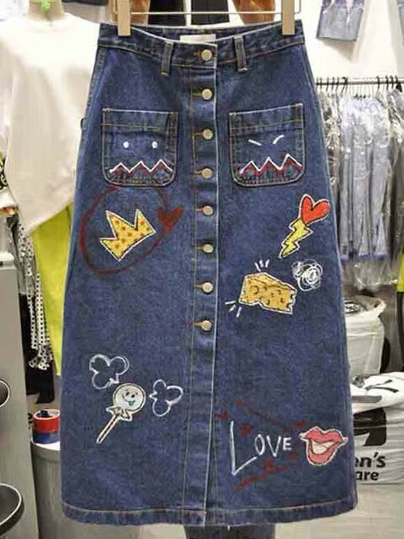 Neuer Stil für Frühling und Herbst, modischer Cowboyrock, figurbetonter Jeansrock für Frauen, süßer Druck A-Linie langer Rock 3671