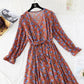 V-neck floral skirt with a slim waist and a long skirt with a large swing  4029