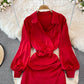 Lapel waistband slim pleated buttock bottomed dress  3752