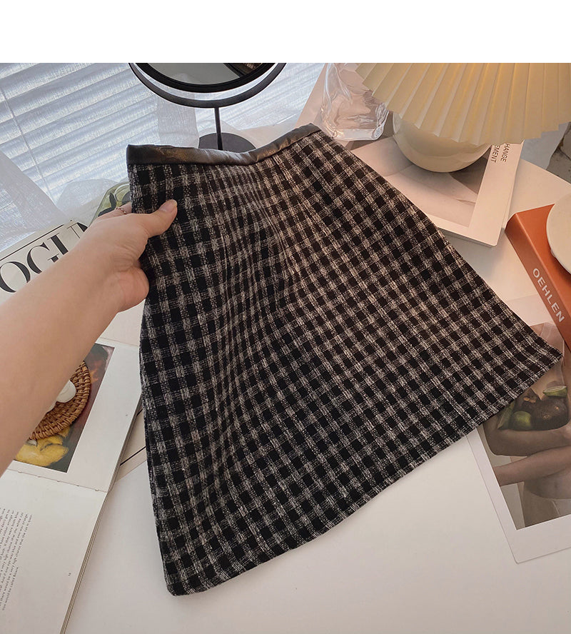 High waist wrap buttock woolen skirt shows thin Plaid A-line skirt  5347