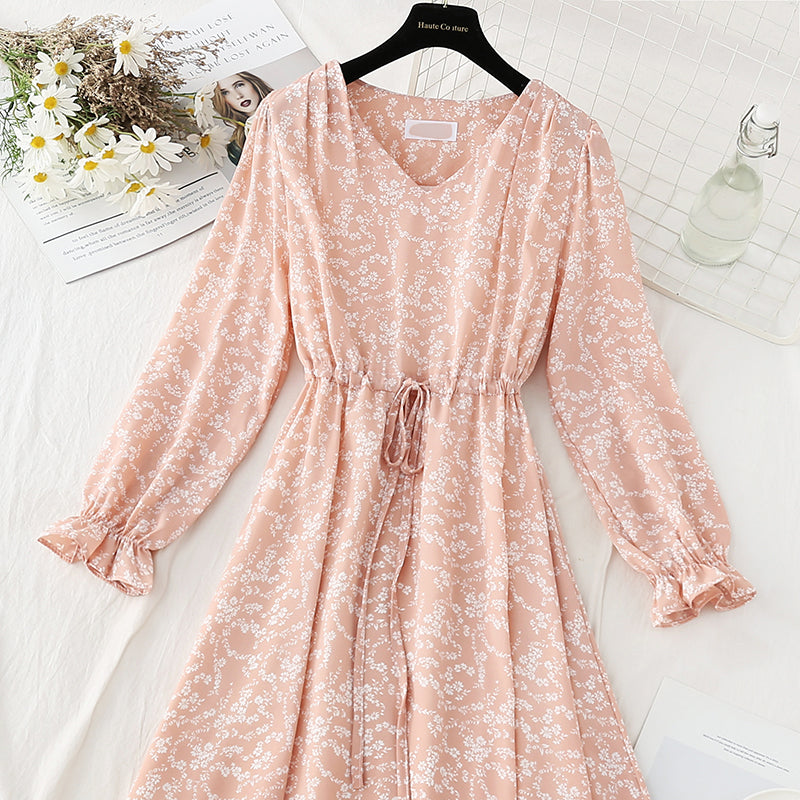 Chiffon floral dress with slim waist and gentle lady skirt  4091