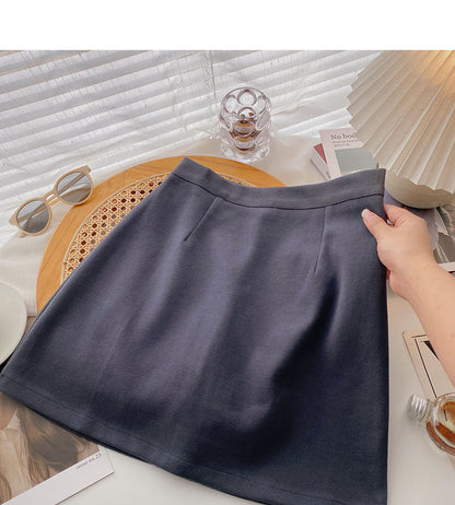 Koreanischer, einfarbiger, vielseitiger, schmaler A-förmiger Rock mit hoher Taille 5446
