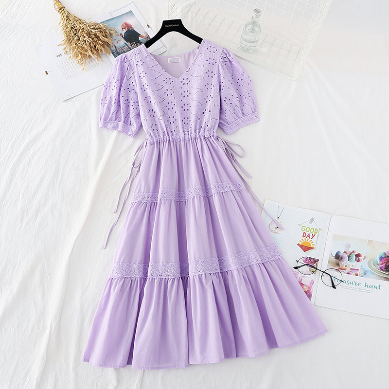 New hollow out Crochet skirt bubble sleeve French fairy dress  4168