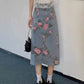 Denim skirt, mid-length A-line skirt with floral split  3551