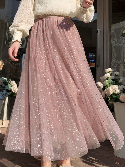 New style, starry sky skirt, fairy A line bouffant long skirt, sequined star tulle skirt  3590