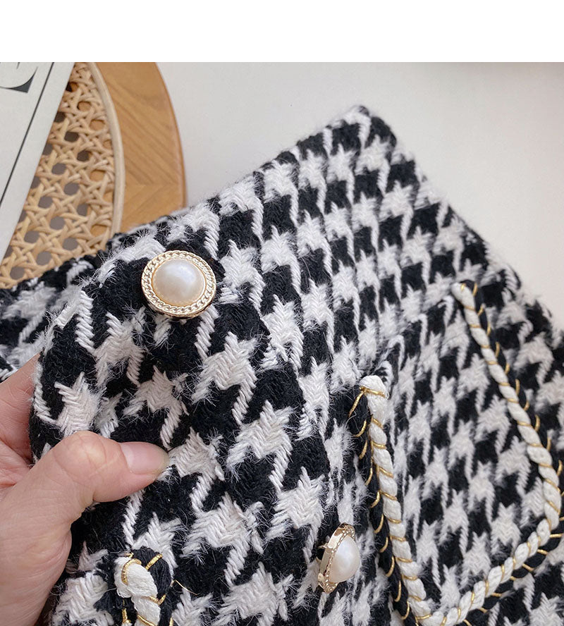 Pearl button small fragrance wind high waist thousand bird grid A-shaped skirt  5371