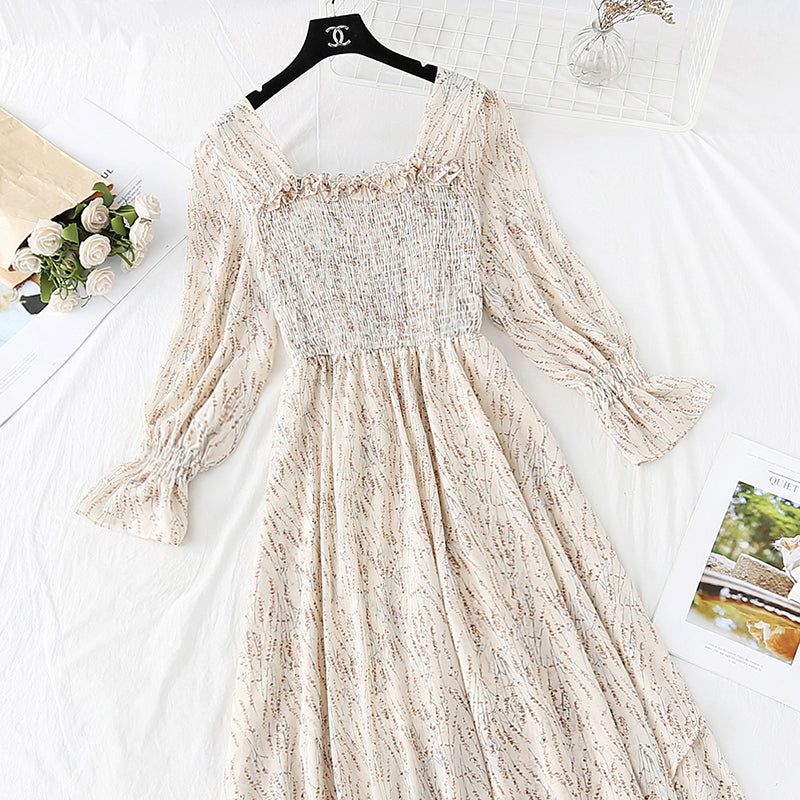 French retro square collar with slim waist and floral long skirt  4022