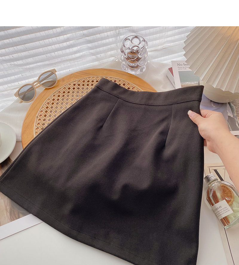 Koreanischer, einfarbiger, vielseitiger, schmaler A-förmiger Rock mit hoher Taille 5446