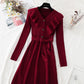 Ruffle lace up waist slim red dress  4068