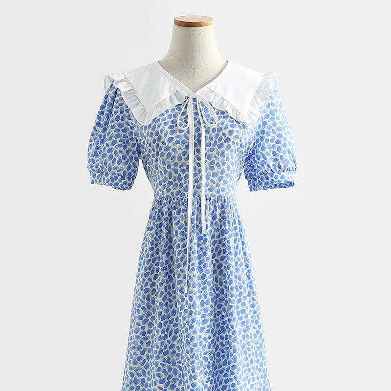 Französisches Retro-Puppenhals-Baumwoll-Leinen-Blumenkleid 4290