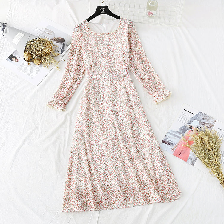 French retro super fairy square collar Lace Floral bottomed long skirt  3997