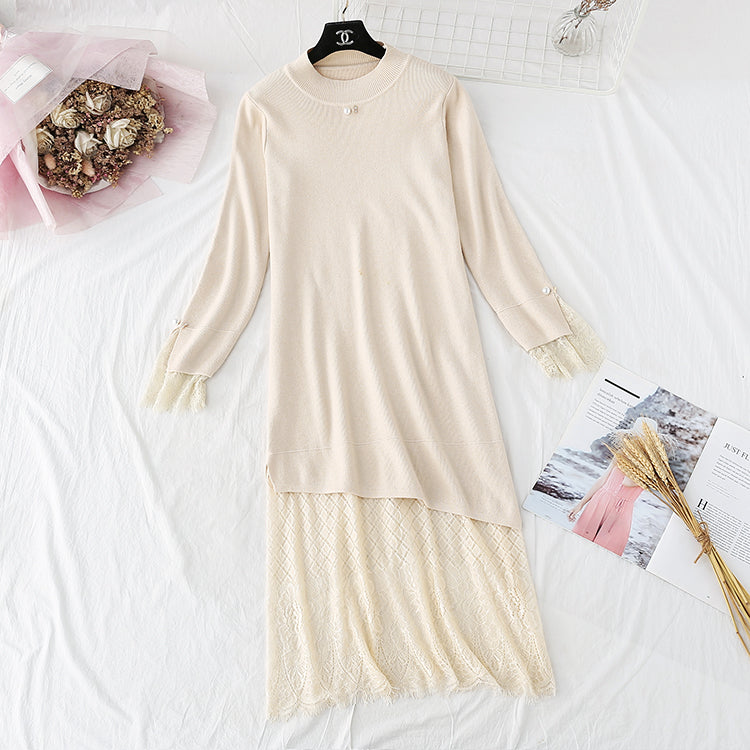 Sweater skirt lace stitching fake two-piece bottom long  4009
