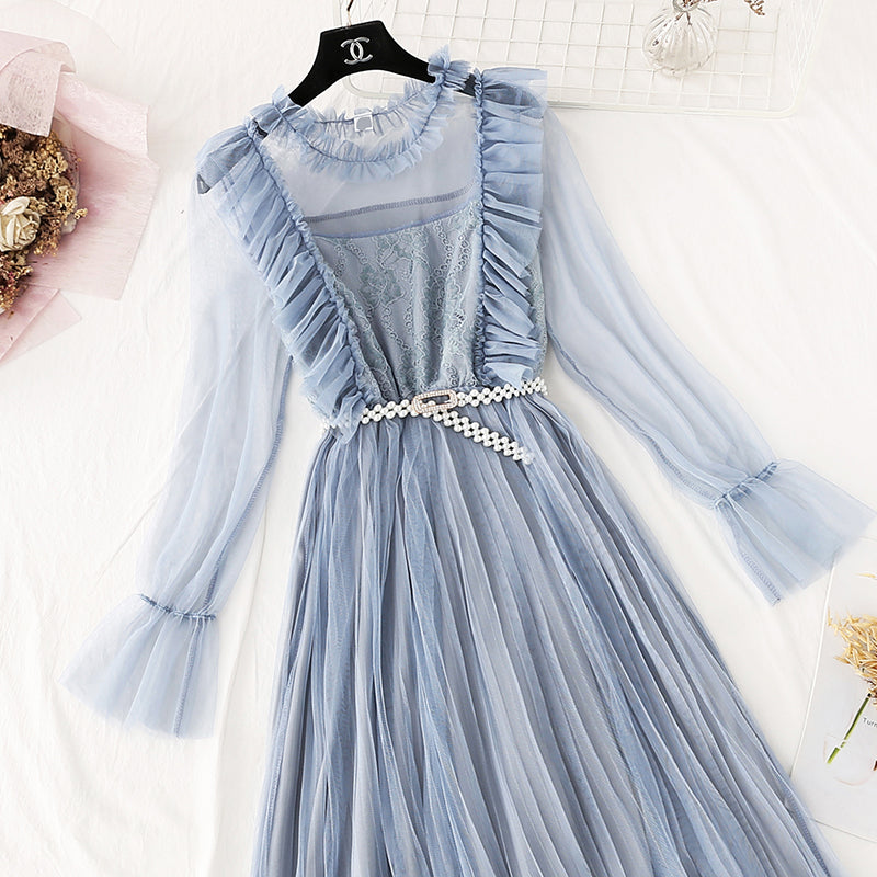 French retro knee pleated long skirt  4043