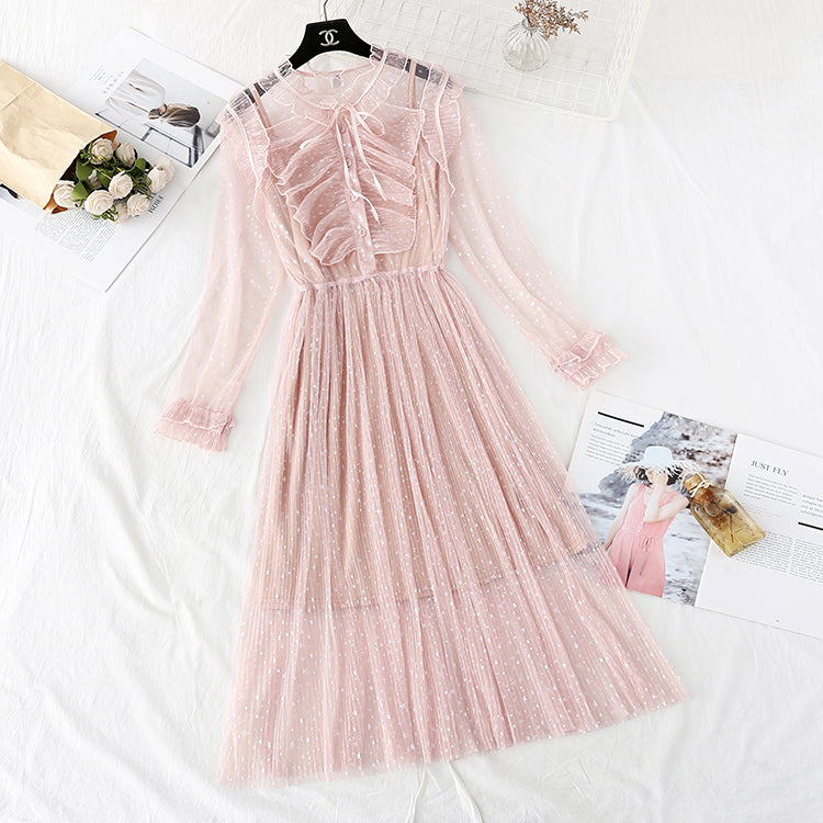 Fairy mesh dress French retro star Sequin dress  4354