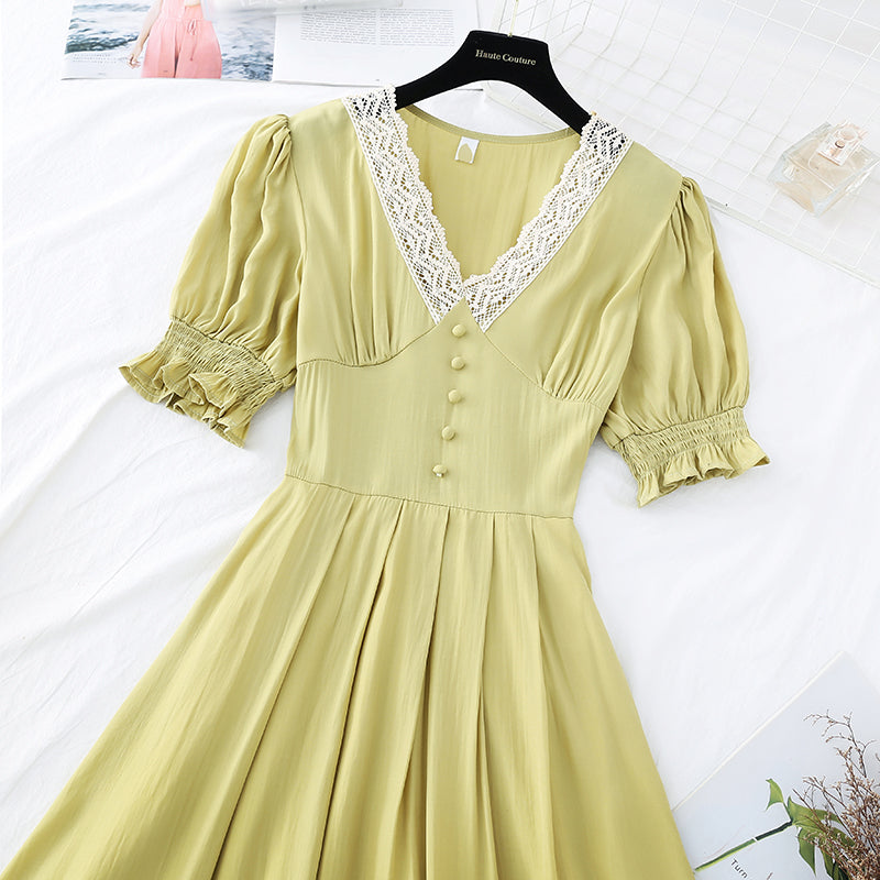 Super Fairy Bubble Ärmel sanfter Wind hohe Taille dünnes Temperament Kleid 4209