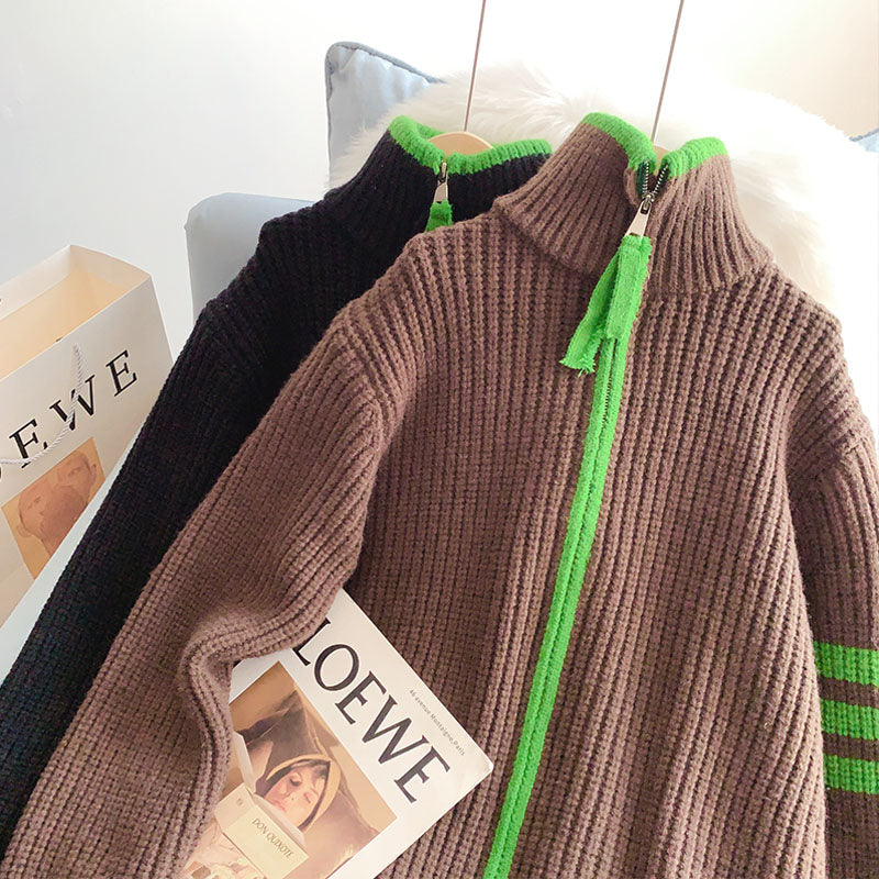Lazy design high neck zipper sweater cardigan women  4953