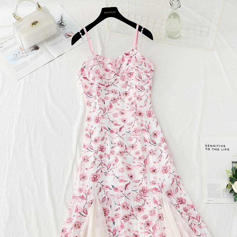 Design sense niche purple fishtail skirt Chiffon floral suspender dress  4124