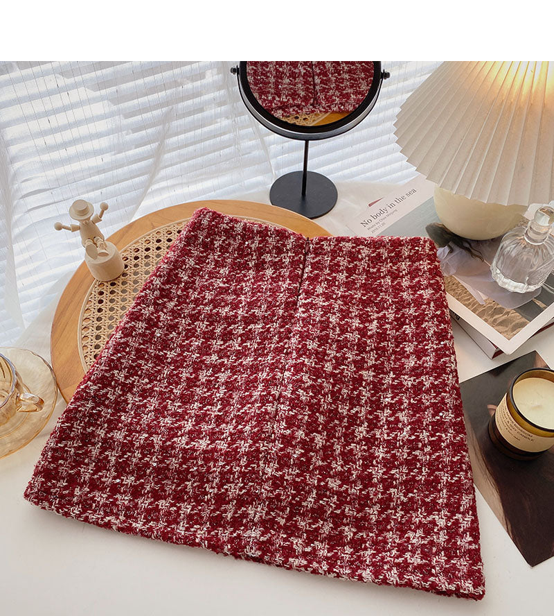 Fake pocket high waist tweed plaid skirt  5383