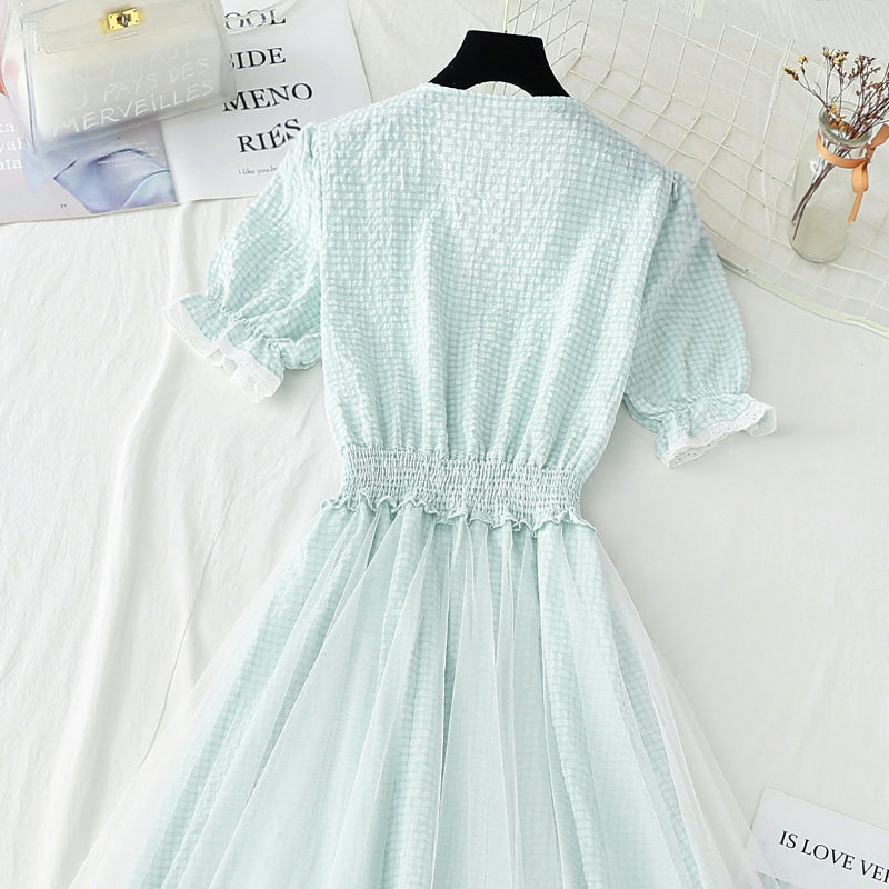 Baumwoll-Leinen-Kleid Karierter Feenrock aus Gaze Französischer Puppenkragen 4425