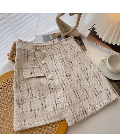 Irregular design high waist single breasted A-line slim plaid skirt  5320